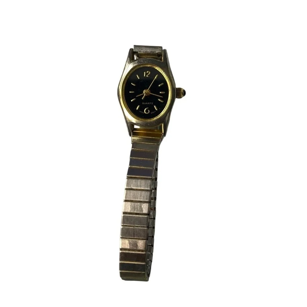 Vintage Women's Quartz Watch 87573K Black Dial Two Tone Expansion Band Japan